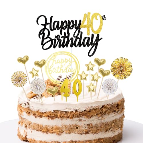 DazzJoy Tortendeko 40 Geburtstag Männer Frauen,Cake Topper 40 Geburtstag Deko,Happy 40th Birthday Torten Deko 40 Geburtstag mit Geburtstagskerzen,Glitzer Kuchendeko 40. Geburtstag Gold Schwarz von Dazzjoy