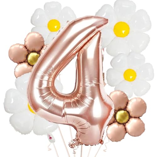 DazzJoy Geburtstagsdeko 4 Jahre Mädchen Gänseblümchen Folienballons,Luftballon Geburtstag 4 Jahre Mädchen,Folienballon 4 Rosegold,Luftballons Geburtstag Mädchen 4 Jahre,Ballon 4. Geburtstag Mädchen von Dazzjoy