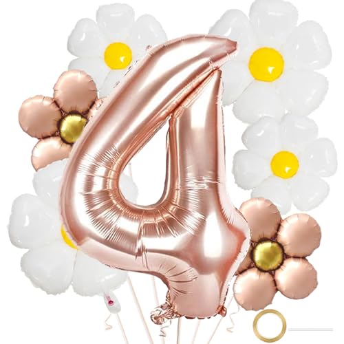 DazzJoy Geburtstagsdeko 4 Jahre Mädchen Gänseblümchen Folienballons,Luftballon Geburtstag 4 Jahre Mädchen,Folienballon 4 Rosegold,Luftballons Geburtstag Mädchen 4 Jahre,Ballon 4. Geburtstag Mädchen von Dazzjoy