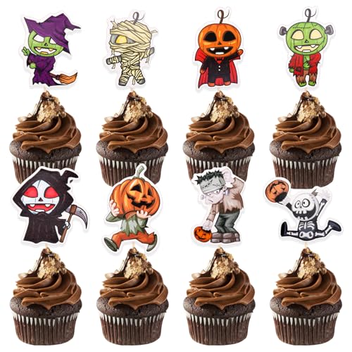 DazzJoy 24 Stück Halloween Cupcake Toppers,Halloween Tortendeko Zeichentrickfigur,Halloween Deko Torte,Halloween Party Deko Hexe,Halloween Muffin Deko,Halloween Kuchen Deko,Kuchendeko Halloween von Dazzjoy