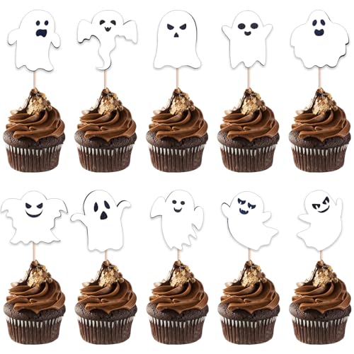 DazzJoy Geister Deko Halloween Tortendeko,20 Stk Halloween Cupcake Toppers,Ghost Halloween Deko Torte,Halloween Party Deko,Halloween Kuchen Deko Geist,Horor Muffin Deko Halloween,Halloween Cake Topper von Dazzjoy