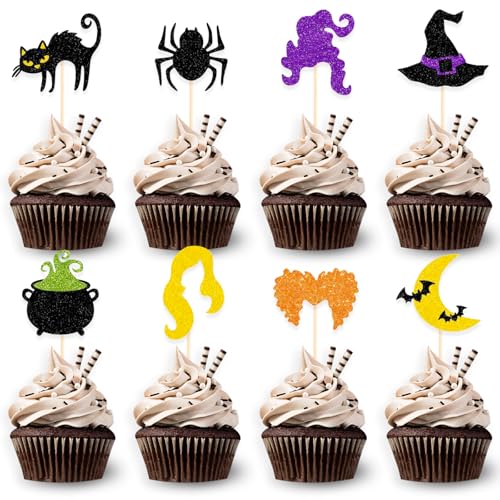 DazzJoy Hocus Pocus Cupcake Toppers,24 Stück Halloween Deko Torte,Glitzer Halloween Tortendeko Katze,Hexe Muffin Deko,Halloween Party Deko Fledermaus,Halloween Cupcake Toppers Geburtstag Party von Dazzjoy