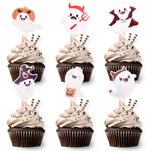 DazzJoy 24 Stück Halloween Cupcake Toppers Ghost,Halloween Tortendeko,Halloween Deko Torte,Halloween Party Deko,Halloween Kuchen Deko,Halloween Muffin Deko,Halloween Cake Topper,Halloween Geist Deko von Dazzjoy