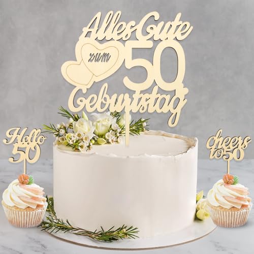 DazzJoy Holz Tortendeko 50 Geburtstag Frau Mann,Cake Topper 50 Geburtstag Deko,3 Stück 50 Geburtstag Frau Deko Torte,Alles Gute zum 50 Geburtstag,Holz Kuchen Deko 50. Geburtstag Mann von Dazzjoy