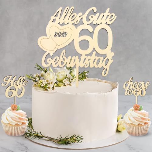 DazzJoy Holz Tortendeko 60 Geburtstag Mann Frau,3 Stück Holz Torten Deko 60 Geburtstag Mann,Alles Gute zum 60 Geburtstag Deko Torte,60 Geburtstag Frau Deko,Kuchen Deko zum 60 Geburtstag von Dazzjoy