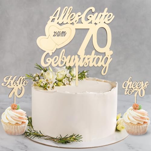 DazzJoy Holz Tortendeko 70 Geburtstag Mann Frau,3 Stück Kuchen Deko 70 Geburtstag,Alles Gute zum 70 Geburtstag Deko,Holz Cake Topper 70 Geburtstag,70. Geburtstag Deko,Kuchendeko Geburtstag 70 Jahre von DazzJoy