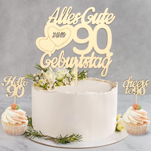 DazzJoy Holz Torten Deko 90 Geburtstag,Tortendeko 90. Geburtstag Frau,3 Stück Cake Topper 90.Geburtstag,Kuchendeko 90. Geburtstag Mann,Alles Gute zum 90 Geburtstag Deko,Geburtstagstorte Deko 90 Jahre von Dazzjoy