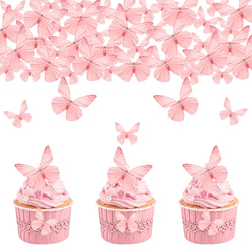 DazzJoy 72 Stück Schmetterlinge Tortendeko Essbar,Rosa Cake Topper Schmetterling,Schmetterling Essbare Tortendeko Rosa,Esspapier Tortendeko Geburtstag,Essbare Schmetterlinge für Torte Hochzeit von Dazzjoy