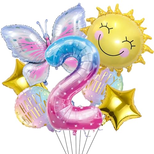 DazzJoy Sonne Schmetterlinge Deko 2. Geburtstag Mädchen, Folienballon Schmetterling Deko Luftballon 2 Geburtstag, Geburtstagsdeko Mädchen 2 Jahre, Kindergeburtstag Deko für Schmetterling Themen Party von Dazzjoy