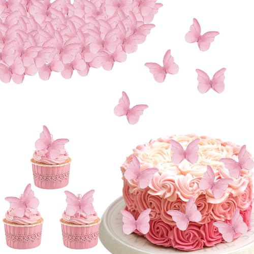 DazzJoy Schmetterlinge Tortendeko Essbar,Rosa Cake Topper,48 Stück Rosa Schmetterling Essbare Tortendeko,Esspapier Tortendeko Geburtstag,Essbare Schmetterlinge für Torte Hochzeit,Cupcake Topper von Dazzjoy