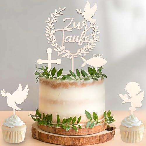 DazzJoy Cake Topper Taufe,Holz Tortendeko Taufe,Tortendeko Taufe Mädchen Junge,Tortenaufleger Taufe Holz,Taufe Deko Torte,Personalisiert Taufe Tortendeko von Dazzjoy