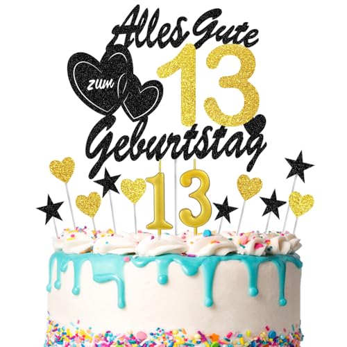 DazzJoy Glitzer Deko 13. Geburtstag Mädchen Teenager,13 Stück Tortendeko 13 Geburtstag Jungen Mädchen,Alles Gute zum 13 Geburtstag Deko mit Geburtstagskerzen,Schwarz Gold Cake Topper 13 Geburtstag von Dazzjoy