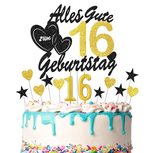 DazzJoy 13 Stück Glitzer Deko 16 Geburtstag Junge Mädchen,Tortendeko 16 Geburtstag Mädchen mit Geburtstagskerzen,Kuchendeko Geburtstag 16 Jahre Junge,Sweet 16 Cake Topper Alles Gute zum 16 Geburtstag von Dazzjoy