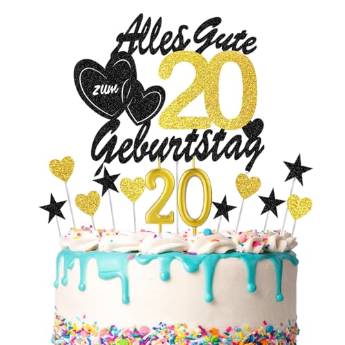 DazzJoy 13 Stück Tortendeko 20 Geburtstag,20 Geburtstag Deko mit Geburtstagskerzen,Glitzer Deko 20. Geburtstag Mann Frau,Alles Gute zum 20 Geburtstag Cake Toppe,Kuchendeko Geburtstag 20 Jahre von Dazzjoy