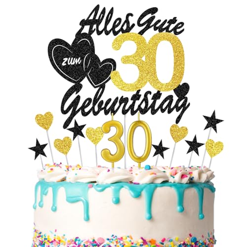 DazzJoy Tortendeko 30 Geburtstag Mann Frau,13 Stück Cake Topper 30 Geburtstag,Alles Gute zum 30 Geburtstag Deko mit Geburtstagskerzen,Glitzer Kuchenddeko 30. Geburtstag,Torten Topper 30 Geburtstag von Dazzjoy