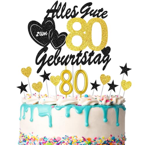 DazzJoy 80 Geburtstag Tortendeko,13 Stück Cake Topper 80 Geburtstag Mann Frau,Kuchendeko 80. Geburtstag Deko mit Geburtstagskerze,Alles Gute zum 80 Geburtstag Topper,Glitzer Torten Deko 80 Geburtstag von Dazzjoy