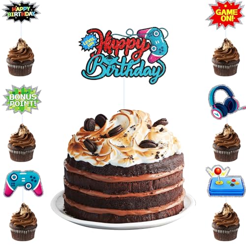 DazzJoy Videospiel Tortendeko Geburtstag Junge,Gaming Deko Torten,Torten Deko Junges,Videospiel Kuchen Deko Junge,Happy Birthday Cake Topper Gamer,Cupcake Topper Gamer Deko für Kinder von Dazzjoy