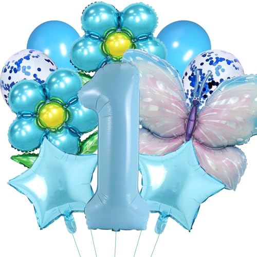 DazzJoy Schmetterlinge Luftballon Deko 1. Geburtstag Mädchen, Schmetterling Geburtstagsdeko 1 Jahr Geburtstag Mädchen Blau, Ballon 1 Geburtstag Deko Mädchen, Folienballon 1 Geburtstag Mädchen Deko von Dazzjoy