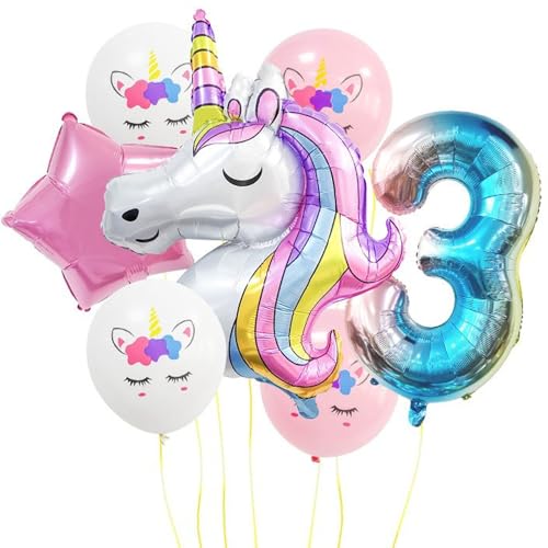 DazzJoy Geburtstagsdeko 3 Jahre Mädchen, Einhorn Luftballon 3 Jahre Geburtstag Mädchen, Luftballons Geburtstag 3 Jahre Mädchen, Einhorn Deko Kindergeburtstag 3, Folienballon 3. Geburtstag Mädchen von Dazzjoy