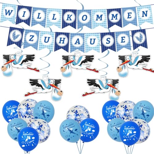 DazzJoy Willkommen Zuhause Baby Deko, Welcome Home Baby Deko Set mit Herzlich Willkommen Girlande und Welcome Back Luftballons, Hänge Storch Geburt für Draussen, Babyparty Deko Junge Party Dekoration von Dazzjoy