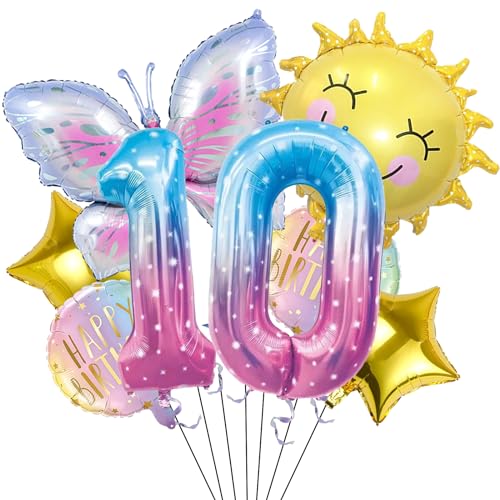 Sonne Schmetterling Folienballon 10 Jahre Geburtstag Deko,Schmetterlinge Geburtstagsdeko 10 Jahre Mädchen,Schmetterling Luftballon 10. Geburtstag,Kindergeburtstag Deko für Schmetterling Themen Party von Dazzjoy