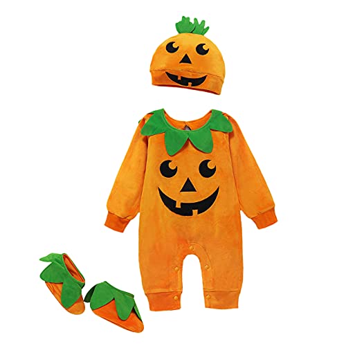 Dazzerake 3-teiliges Halloween-Kostüm für Babys, Jungen, Mädchen, 0 – 24 Monate, langärmlig, Hut und Schuhe, Orange, 12-18 monate von Dazzerake