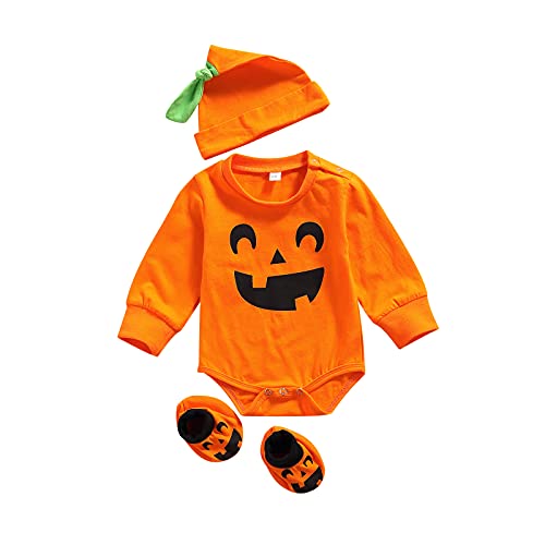 Dazzerake Halloween Babykostüm Neugeborenes Kleinkind Baby Säugling Halloween Kleidung Kürbis Kostüm Einteiler Jumpsuits Set (Smile 3PCs, 3-6 Monate, 70) von Dazzerake