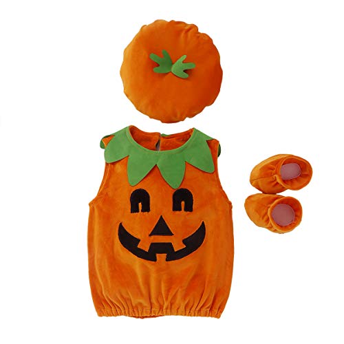 Dazzerake Halloween Babykostüm Neugeborenes Kleinkind Baby Säugling Halloween Kleidung Kürbis Kostüm Einteiler Jumpsuits Set (Strampler + Mütze + Schuhen, 0-6 Monate, 80) von Dazzerake