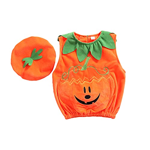 Dazzerake Halloween Babykostüm Neugeborenes Kleinkind Baby Säugling Halloween Kleidung Kürbis Kostüm Einteiler Jumpsuits Set (Top + Mütze N, 0-3 Monate, 70) von Dazzerake