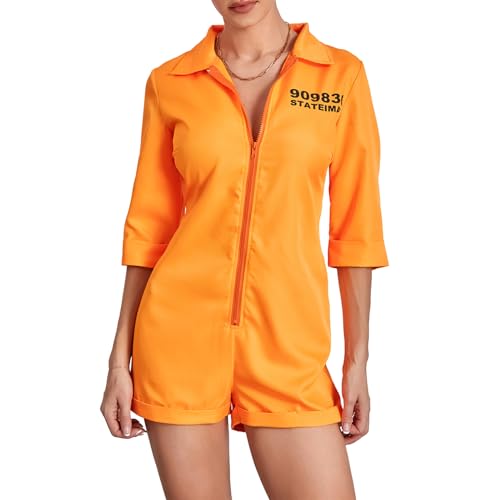 Dazzerake Halloween Häftling Kostüm für Frauen Fancy Letter Print Jail Jumpsuit Romper Sträfling Kostüm (Standard, L, Orange) von Dazzerake