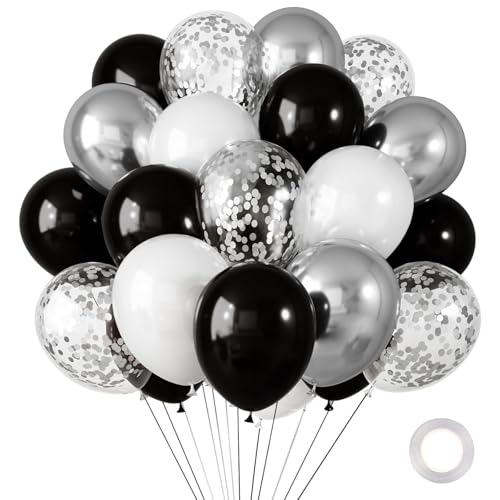 Luftballons Schwarz Silber Weiß,10 Stk 12 Zoll Metallic Silber Schwarze Luftballons Geburtstag,Silber Konfetti Luftballons,Schwarze Ballons für Geburtstag,Silber Hochzeit,Ruhestand,Neujahr Party Deko von Dazzjoy