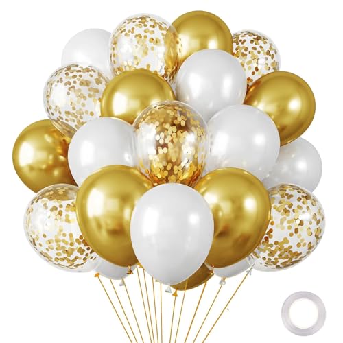 Luftballons Gold Weiß,10 Stk 12 Zoll Metallic Goldene Luftballons Geburtstag,Weiß Gold Konfetti Luftballons,Gold Ballons für Geburtstag, Jubiläum, Graduierung, Neujahr, Karneval, Goldene Hochzeit Deko von Dazzjoy