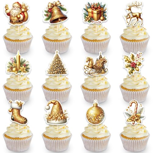 DazzJoy 12 Stk Weihnachten Cupcake Topper,Gold Tortendeko Weihnachten,Weihnachtsmann Kuchen Deko Weihnachten,Torten Deko Weihnachten,Weihnachtsrentier Deko für Kuchen Weihnachten,Weihnachtsmütze Deko von Dazzjoy