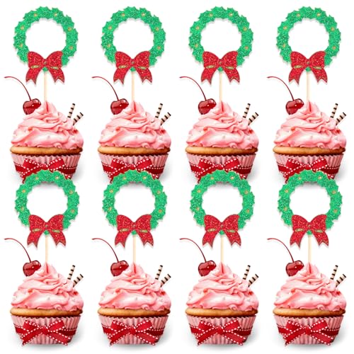 DazzJoy 12 Stk Weihnachtskranz Cupcake Topper,Glitter Tortendeko Weihnachten,Kuchen Deko Weihnachten,Kuchendeko Weihnachten,Torten Deko Weihnachten,Weihnachtskekse Deko Torte Weihnachten von Dazzjoy