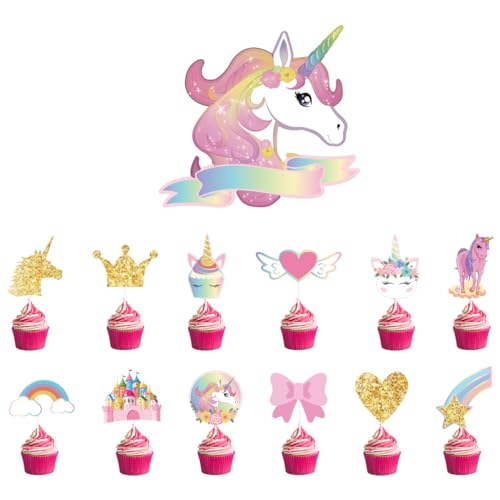 DazzJoy 13 Stk Einhorn Tortendeko Mädchen,Happy Birthday Tortendeko Geburtstag,Einhorn Kuchendeko Geburtstag,Happy Birthday Cake Topper Geburtstag,Einhorn Cupcake Toppers,Regenbogen Tortendeko von Dazzjoy