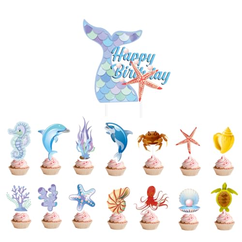 DazzJoy 15 Stk Meerjungfrau Tortendeko Geburtstag,Happy Birthday Tortendeko Meerjungfrau,Happy Birthday Cake Topper Geburtstag,Meerestiere Cupcake Toppers Geburtstag,Ozean Thema Muffin Deko von Dazzjoy