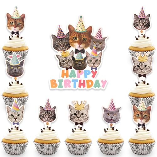 DazzJoy 25 Stück Happy Birthday Tortendeko Katze Deko,Katzen Cake Topper Geburtstag,Katzen Geburtstag Deko Torte,Happy Birthday Kuchendeko Geburtstag,Tortenaufleger Katze Geburtstag Muffin Deko von Dazzjoy