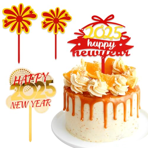 DazzJoy 4 Stk Silvester Deko 2025 Tortendeko Happy New Year,Acryl Happy New Year Deko,Tortendeko Silvester Deko 2025 Neujahr,2025 Silvester Kuchen Deko,Kuchendeko 2025,New Year Decoration für Torte von Dazzjoy