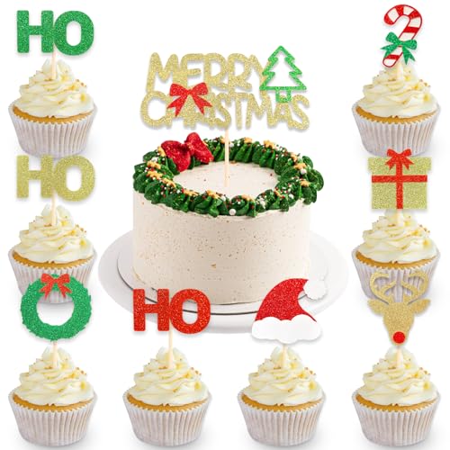 DazzJoy 9 Stk Merry Christmas Tortendeko Weihnachten,Glitter Weihnachten Cupcake Topper Weihnachtsmütze,Kuchen Deko Weihnachten HOHOHO Deko Torte,Torten Deko Weihnachten,Weihnachtskranz Deko von Dazzjoy