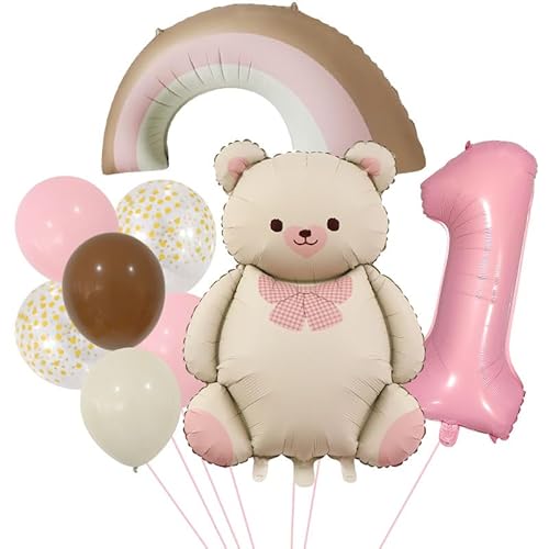 DazzJoy Bär Geburtstagsdeko 1 Jahr Mädchen, Luftballon Deko 1. Geburtstag Mädchen Junge, Regenbogen Bär Luftballons Deko Kindergeburtstag 1 Jahr Mädchen, Bären Folienballon 1 Geburtstag Mädchen Deko von Dazzjoy