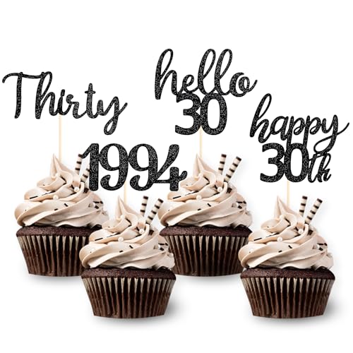 DazzJoy 24 Stk Glitzer Tortendeko 30 Geburtstag Mann Frau,Cupcake Topper 30. Geburtstag Deko Schwarz,Kuchendeko 30 Geburtstag,Cake Topper 30 Geburtstag Deko Hello 30,Happy 30th Birthday Tortendeko von Dazzjoy