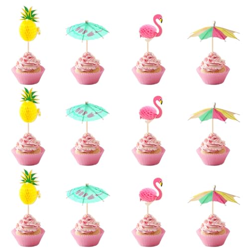 DazzJoy 24 Stück Hawaii Party Deko,Schirmchen Cocktail Dekoration,Hawaii Cupcake Topper,Tropical Aloha Deko Torten,3D Flamingo Ananas Cupcake Deko,Cocktailschirmchen für Hawaii Party Deko Sommer von Dazzjoy