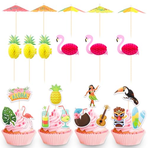 DazzJoy 24 Stück Hawaii Party Deko,Schirmchen Cocktail Dekoration,Hawaii Cupcake Topper,Tropical Aloha Deko Torten,3D Flamingo Ananas Cupcake Deko,Cocktailschirmchen für Hawaii Party Deko Sommer von Dazzjoy