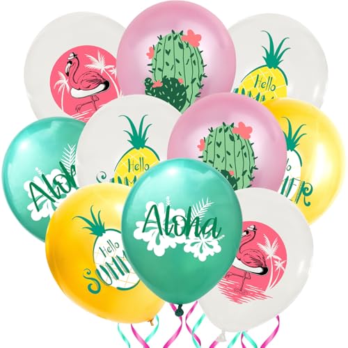 DazzJoy Hawaii Deko Ballons, 10 Stück Hawaii Party Deko Ballon, Flamingo Deko Luftballons, Ananas Deko Luftballon, Hawaii Deko Aloha Helium Ballons für Gartenparty Deko Draußen Sommer, Sommer Deko von Dazzjoy