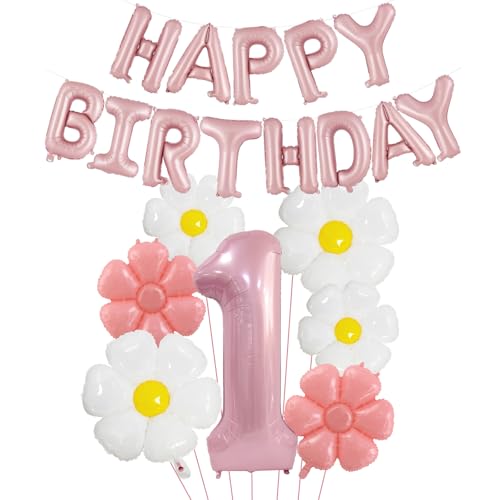 DazzJoy Geburtstagsdeko 1 Jahr Mädchen mit Gänseblümchen Folienballon, Luftballon Deko 1. Geburtstag Mädchen Junge, Rosa Happy Birthday Ballon 1 Geburtstag Mädchen Deko, Erster Geburtstag Mädchen Deko von Dazzjoy