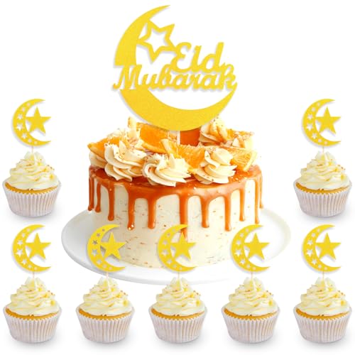 DazzJoy 25 Stück Eid Mubarak Tortendeko,Glitzer Eid Mubarak Cupcake Topper,Eid Mubarak Dekoration für Torte,Stern Mond Tortendeko,Ramadan Kuchendeko,Cake Topper Ramadan Deko,Eid Islamische Party von Dazzjoy