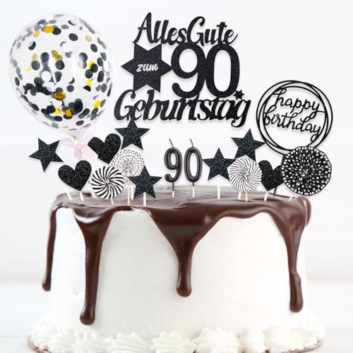 DazzJoy 19 Stk Glitter Tortendeko 90. Geburtstag Frau,Schwarz Kuchendeko 90 Geburtstag Deko,Cake Topper 90. Geburtstag Mann,Alles Gute zum 90 Geburtstag Torten Deko,Geburtstagstorte Deko 90 von Dazzjoy