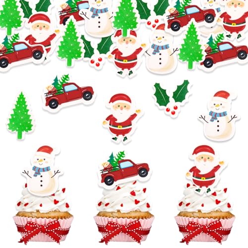 DazzJoy 48 Stück Weihnachten Tortendeko Essbar,Essbare Cupcake Topper Weihnachtsmann,Lebkuchenmann Muffin Deko Essbar,Esspapier Tortendeko Weihnachten,Kuchen Deko Essbar,Esspapier Weihnachten Deko von Dazzjoy