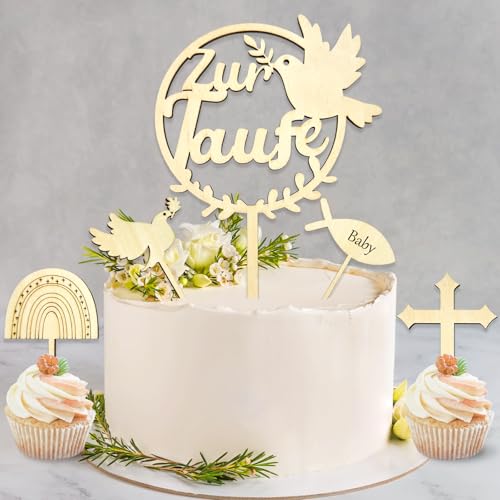 DazzJoy 5 Stk Holz Cake Topper Taufe Personalisiert,Tortendeko Taufe Junge Mädchen,Taufetortenaufleger Taufe Tortendeko,Taufe Deko Torte,Cake Topper Zur Taufe,Taufe Deko Mädchen,Tauftorte Deko Junge von Dazzjoy