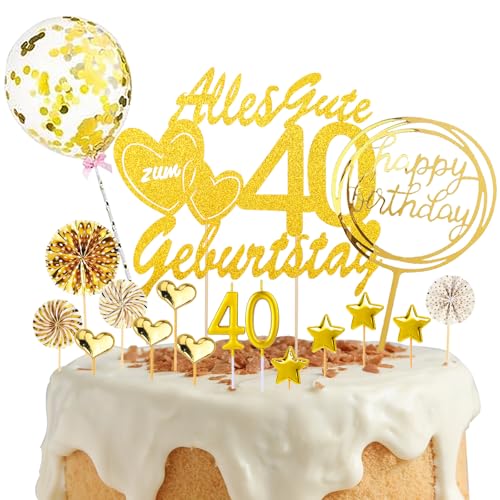 DazzJoy Tortendeko 40 Geburtstag Frau Mann,19 Stück Kuchendeko 40. Geburtstag mit Geburtstagskerzen 40,Cake Topper 40 Geburtstag Deko,Glitzer Alles Gute zum 40 Geburtstag Torten Deko Gold von Dazzjoy